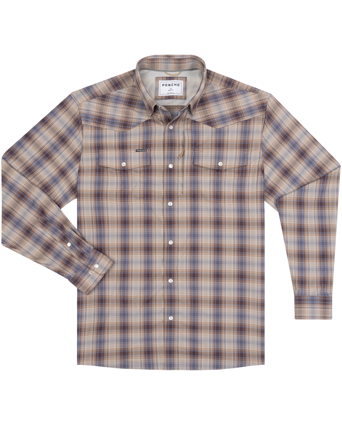 Poncho The Muleshoe brown and blue plaid western shirt with pearl snaps and built in stretch mens ranch wear Kamas Utah SKU SHNYWSLS3010