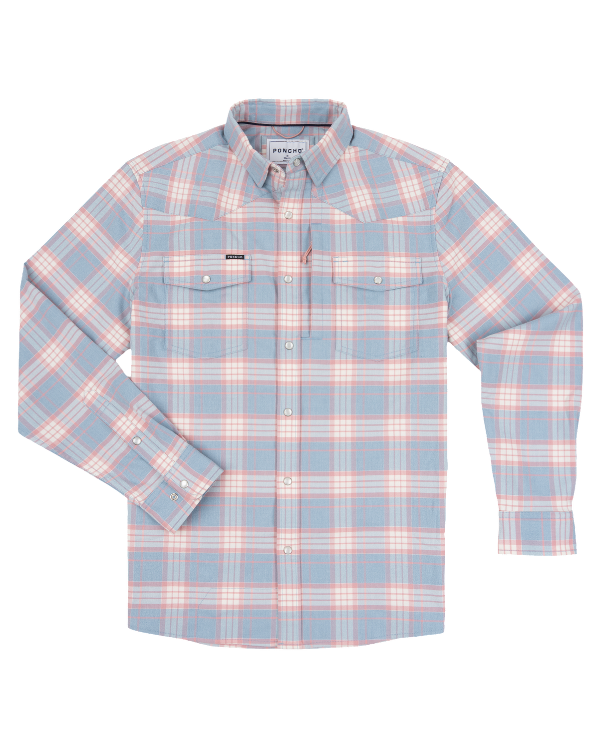 Poncho The Pacific City red and blue plaid performance flannel with pearl snap pockets and western yoke mens western clothing Utah SKU SHFLWSLS5014