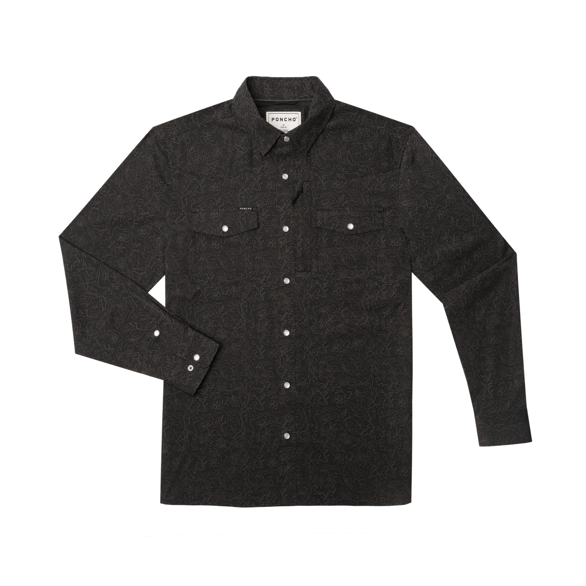 dark gray button up shirt western shirt pearl snap buttons double pocket floral shirt brown pattern The Pat Garrett from Poncho Outdoor at boltranchstore.com