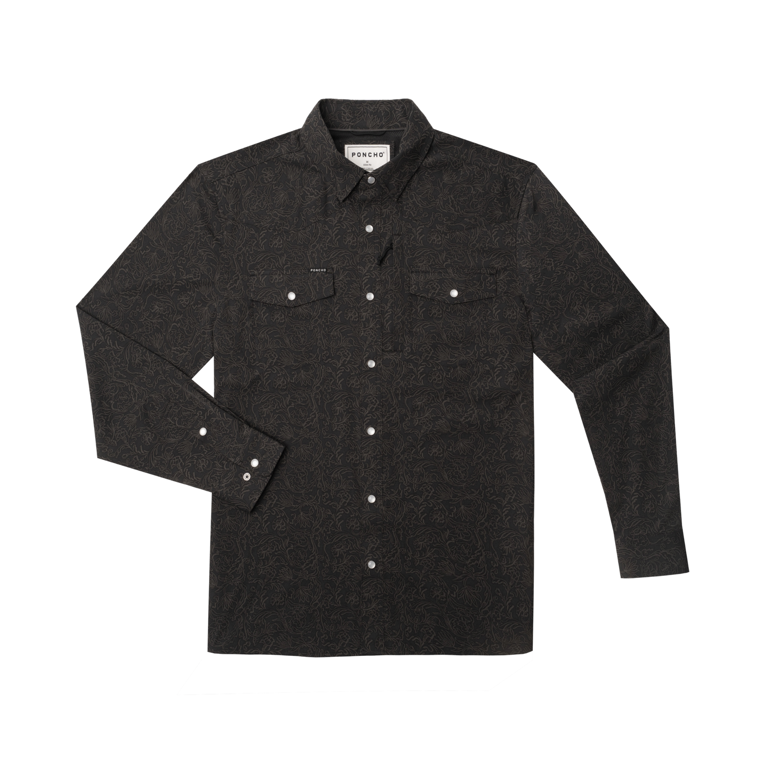 dark gray button up shirt western shirt pearl snap buttons double pocket floral shirt brown pattern The Pat Garrett from Poncho Outdoor at boltranchstore.com