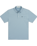 Poncho The Wide Open blue and washed blue stripe western performance polo with single chest pocket and straight hem mens ranch wear Utah SKU SHPSWPSS9202