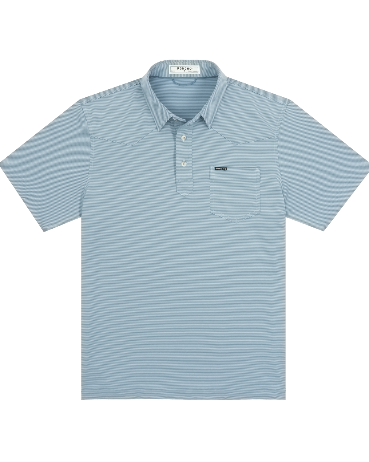 Poncho The Wide Open blue and washed blue stripe western performance polo with single chest pocket and straight hem mens ranch wear Utah SKU SHPSWPSS9202