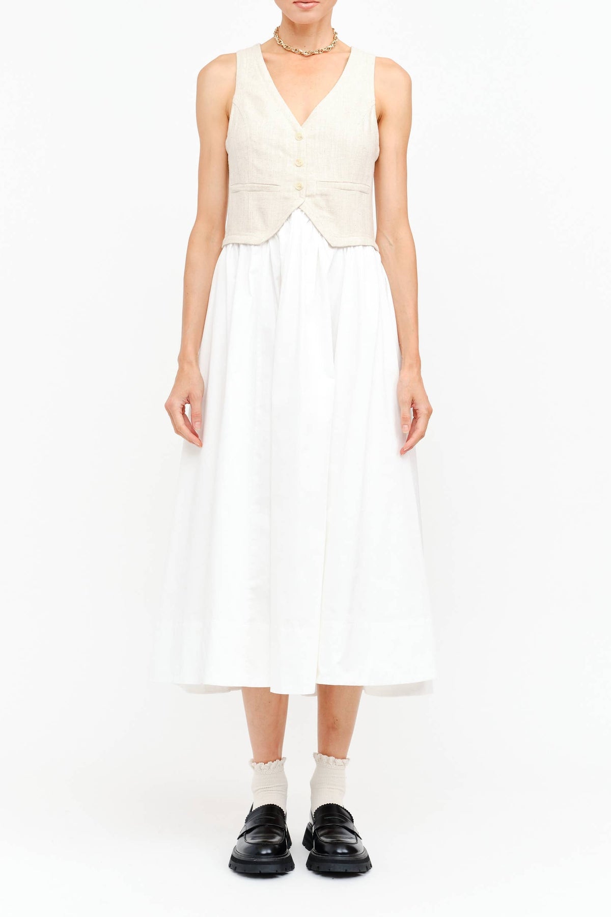 The Claira Dress Natural womens dress with cream vest connected with a white skirt in stock near me park city 