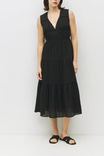 womens v neck black dress with elastic double waist and sleeveless midi length found locally at Bolt Ranch Store