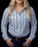 Ferrell Womens The Denver blue with stripes shirt western boutique Utah womens fashion The Denver in Blue Womens Pearl Snap Long Sleeve Shirt SKU FPL2026138 The Denver in Blue Women's Pearl Snap Long Sleeve Shirt