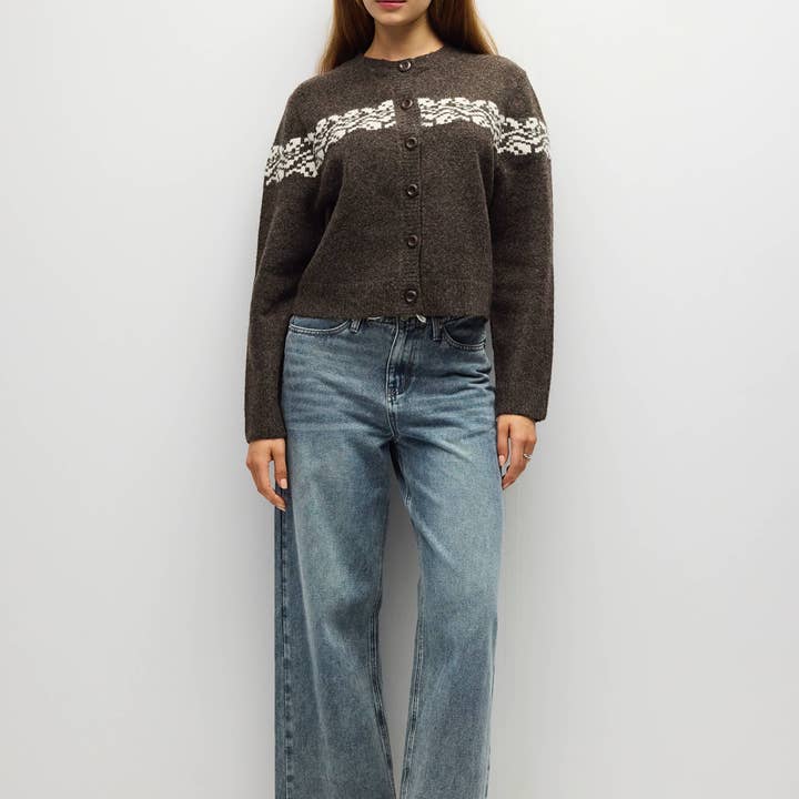 Womens thick brown cardigan sweater with white design The Georgina Cardigan found at Bolt Ranch Store