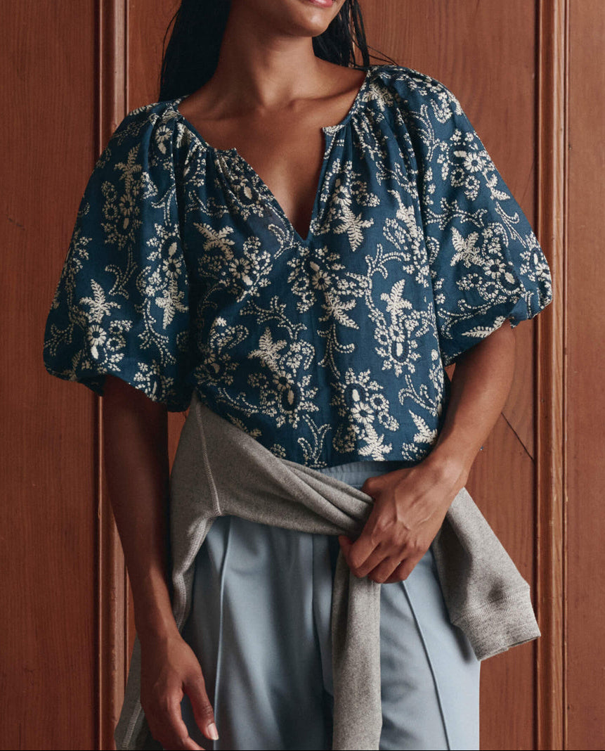 The Great Blythe Top in Indigo Bandana in a v neck and elastic half sleeve at boltranchstore.com