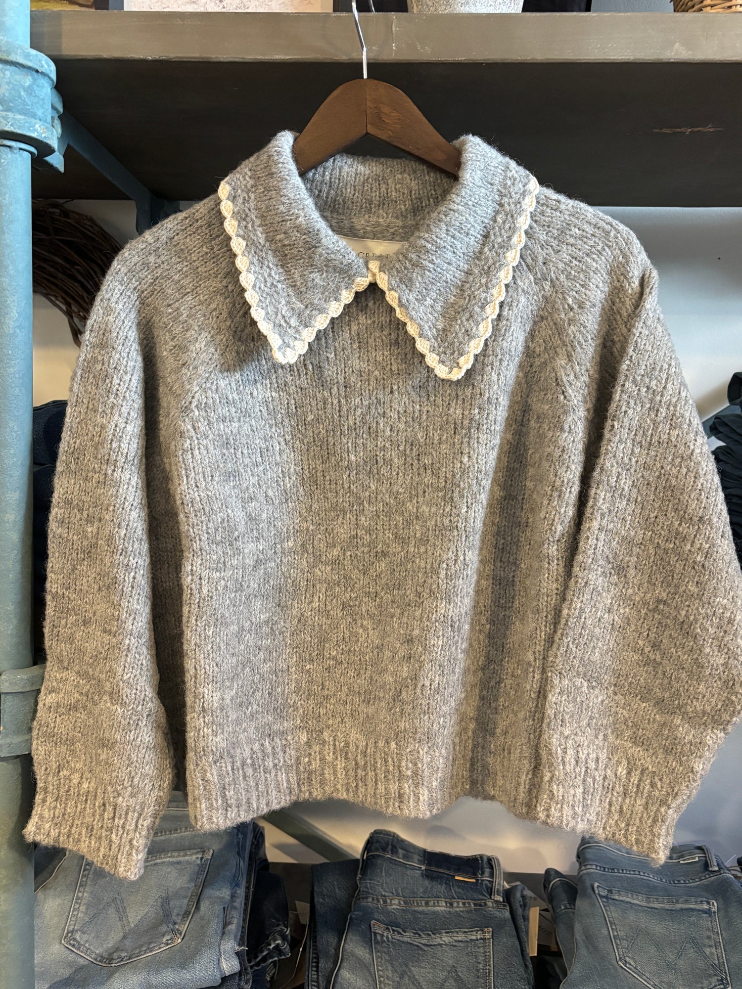 The Great Crochet Collar Pullover this is the great fall 2025 new release arrival in stock Boltranchstore.com free shipping womens grey sweater