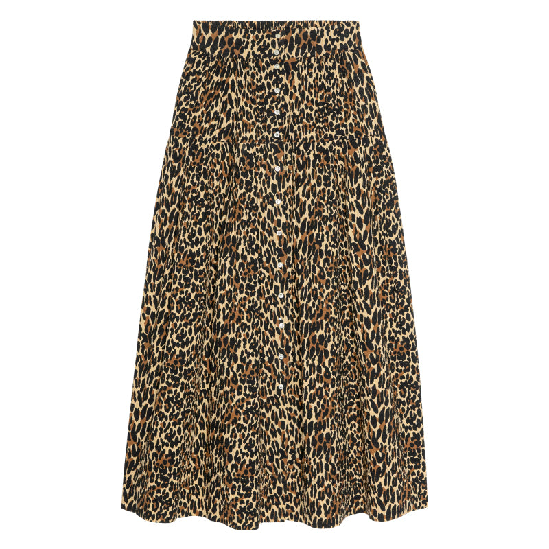 The Great Highland Skirt Tan Leopard cotton midi skirt in a tan leopard print womens western boutique Utah SKU K061B023TNLEP