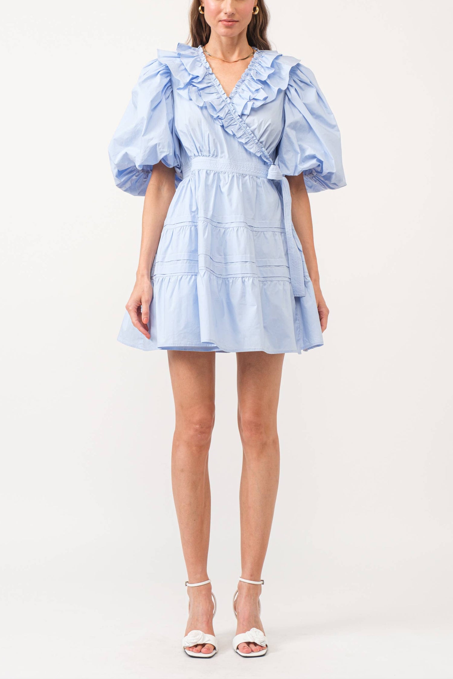 The Josefine Dress is a light blue mini dress crafted from cotton poplin, featuring a flattering V-neck collar, delicate ruffles, and charming puff sleeves. Womens at boltranchstore.com