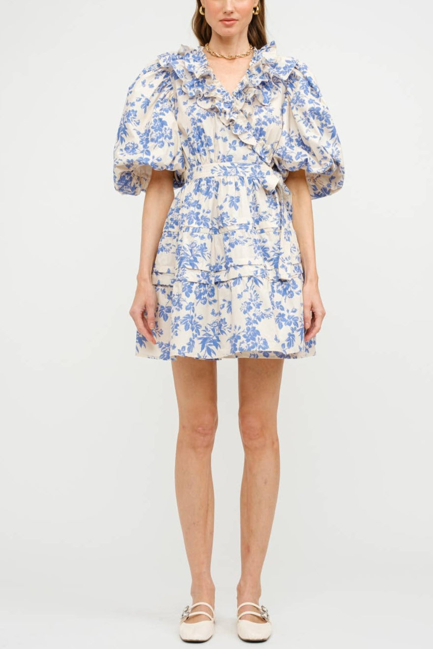 The Josefine Floral Dress features a cream cotton-poplin fabric adorned with a delicate blue floral pattern free shipping Boltranchstore.com