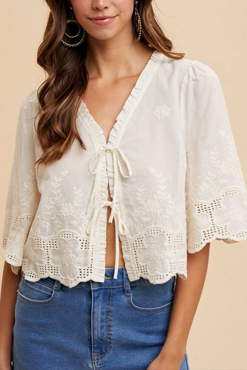 The Leah blouse features delicate floral embroidery and a scalloped edge free shipping Boltranchstore.com