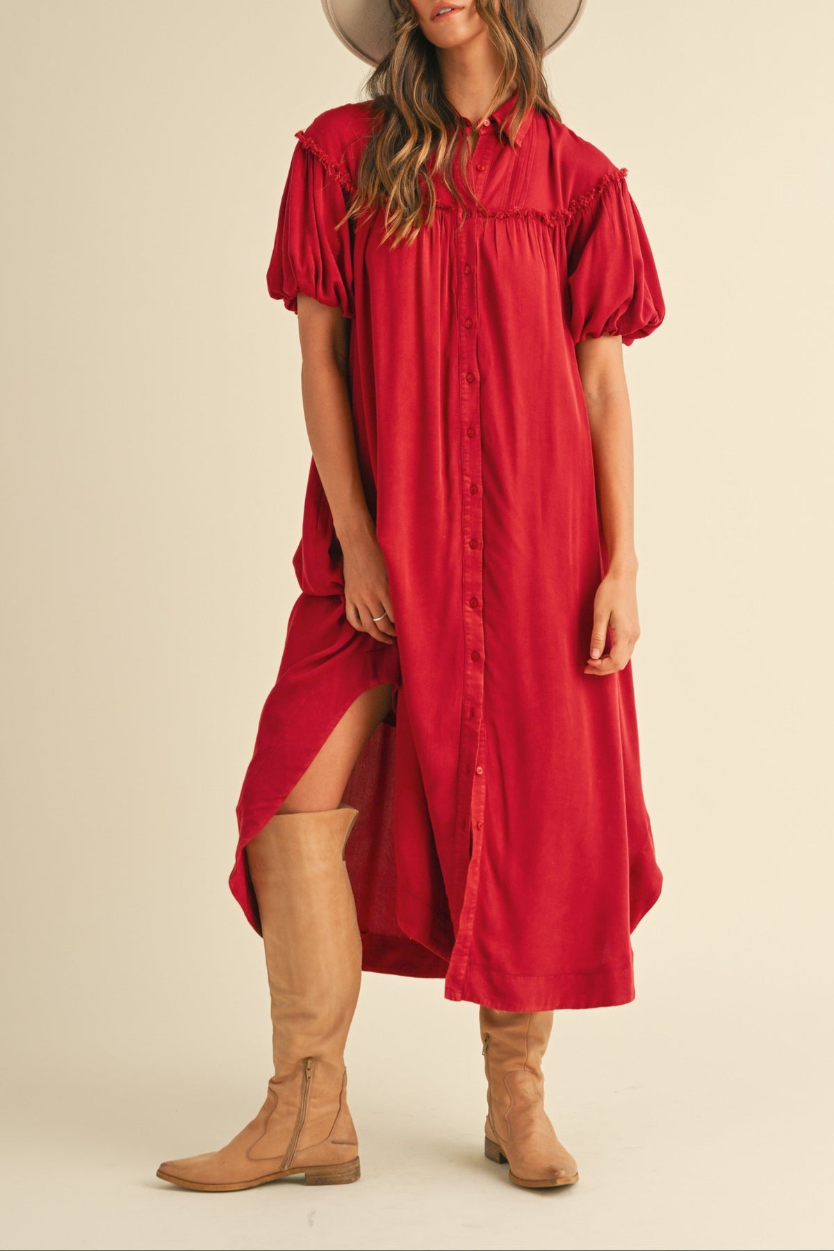 The Lottie mineral wash midi dress features puff sleeves and a button-down front red western mumu dress popular viral boltranchstore.com