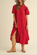 The Lottie mineral wash midi dress features puff sleeves and a button-down front red western mumu dress popular viral boltranchstore.com