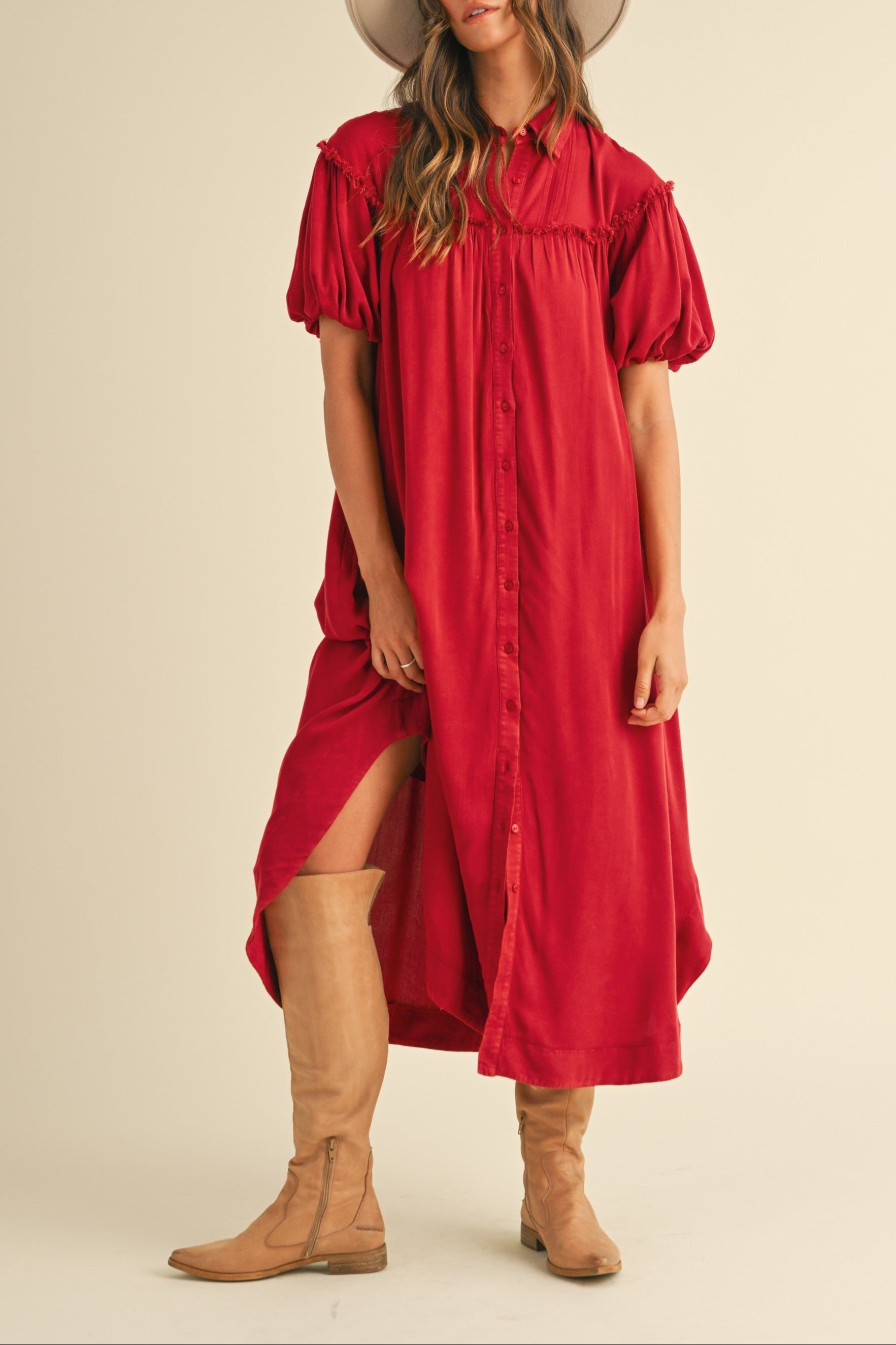 The Lottie mineral wash midi dress features puff sleeves and a button-down front red western mumu dress popular viral boltranchstore.com