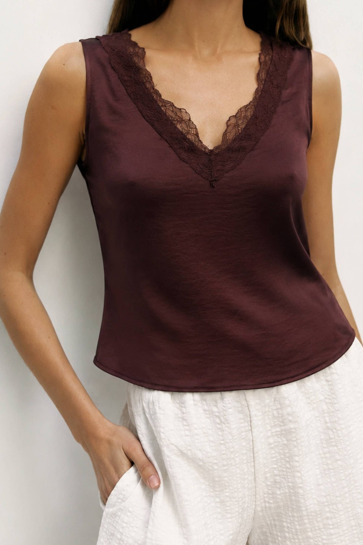 WOMENS Mina Top dress tops bolt ranch store  The Mina Top is a satin V-neck tank with delicate lace trim