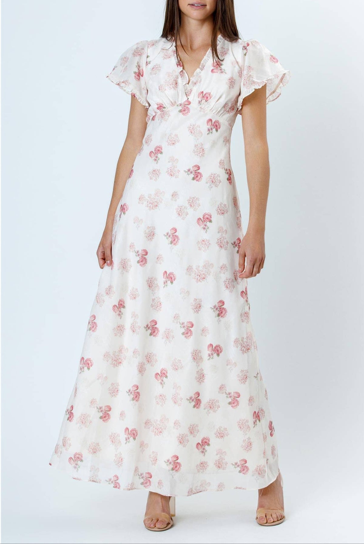 The Sabrina Pink Floral Dress womens white dress with pink flowers short sleeve v neck available at bolt ranch store