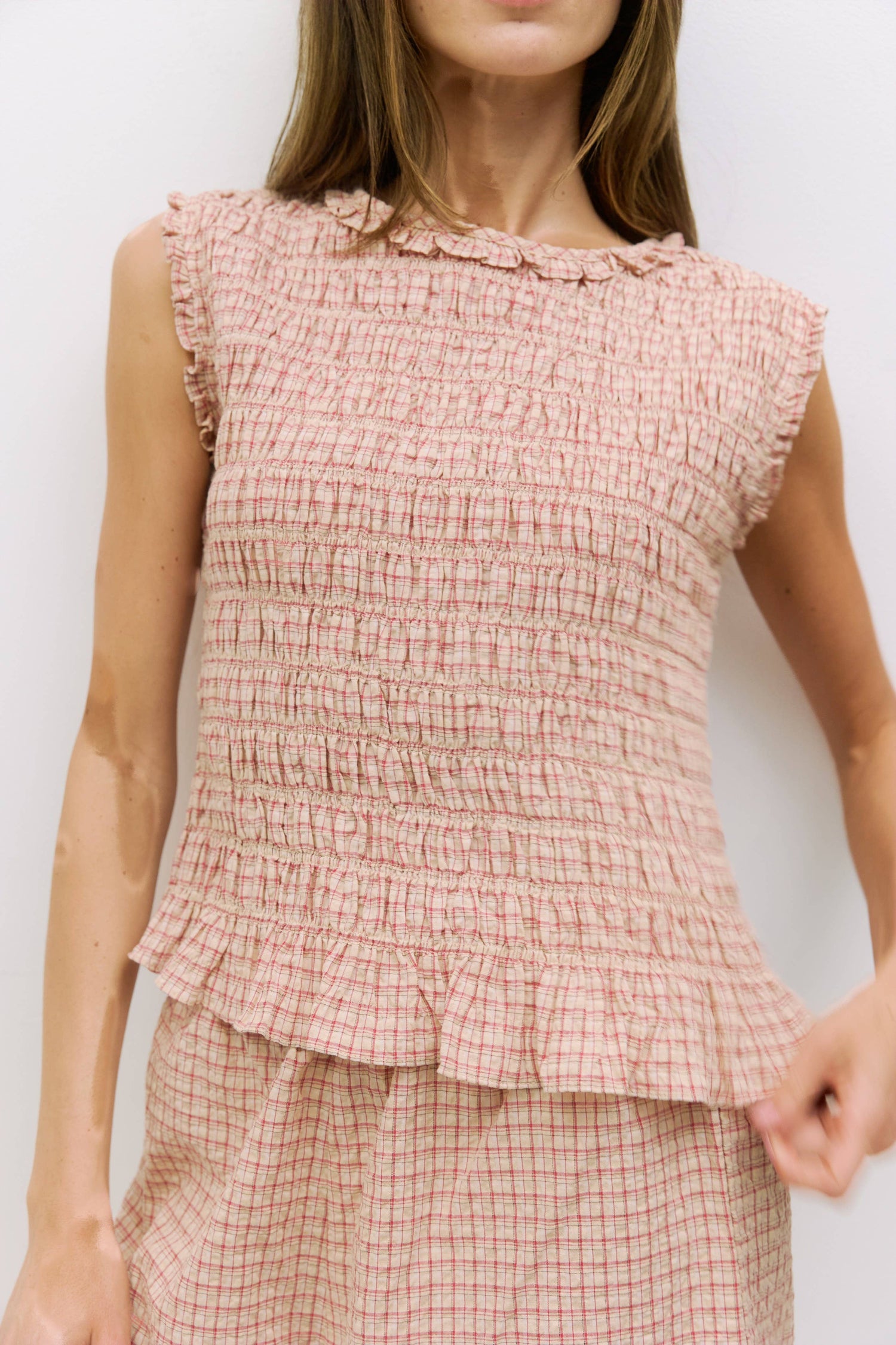 The Suri Crinkle Top womens sleeveless plaid top Boltranchstore.com spring summer ruffle top red and yellow popular Free shipping Ballerina Farms clothing Doen dupe