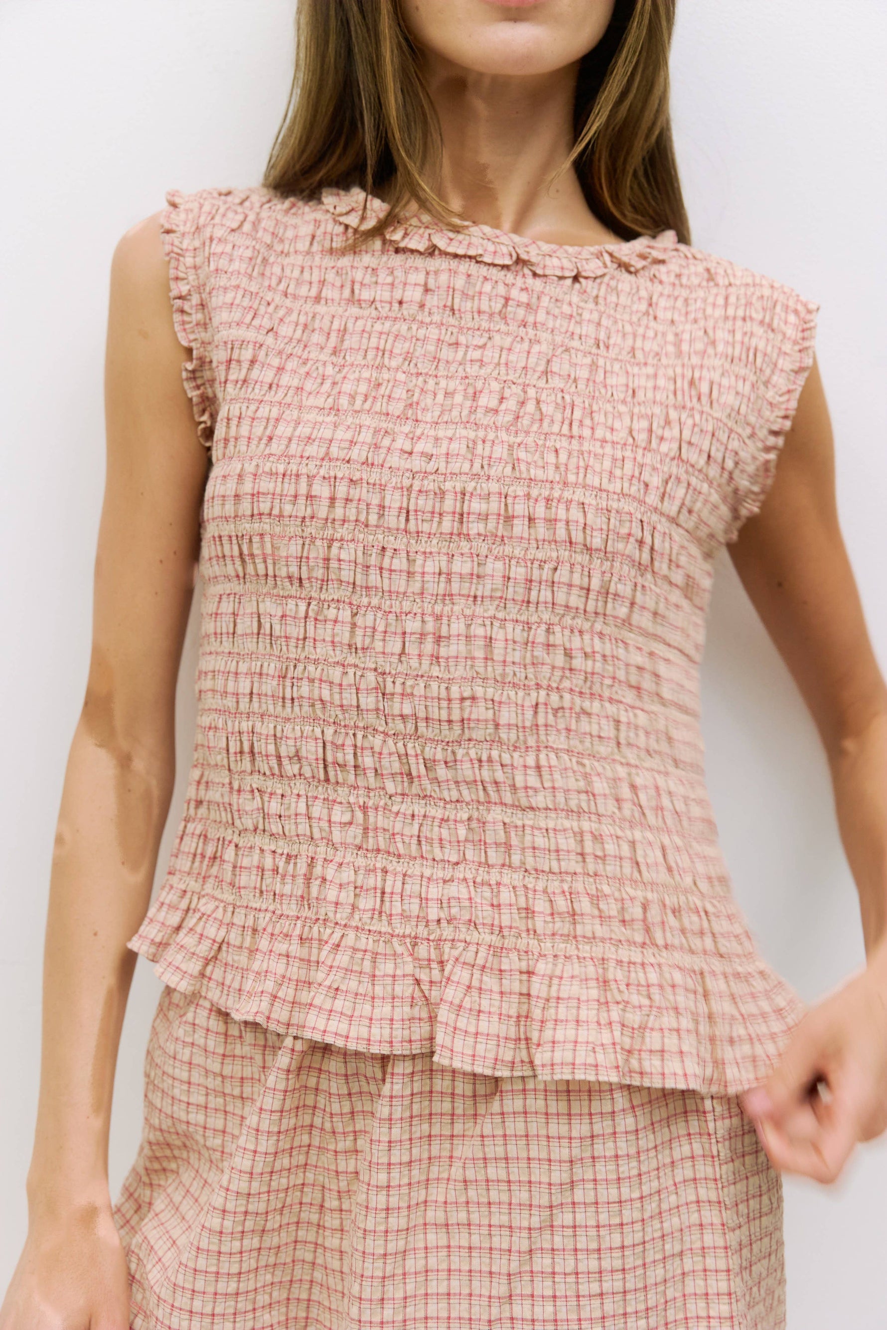 The Suri Crinkle Top womens sleeveless plaid top Boltranchstore.com spring summer ruffle top red and yellow popular Free shipping Ballerina Farms clothing Doen dupe