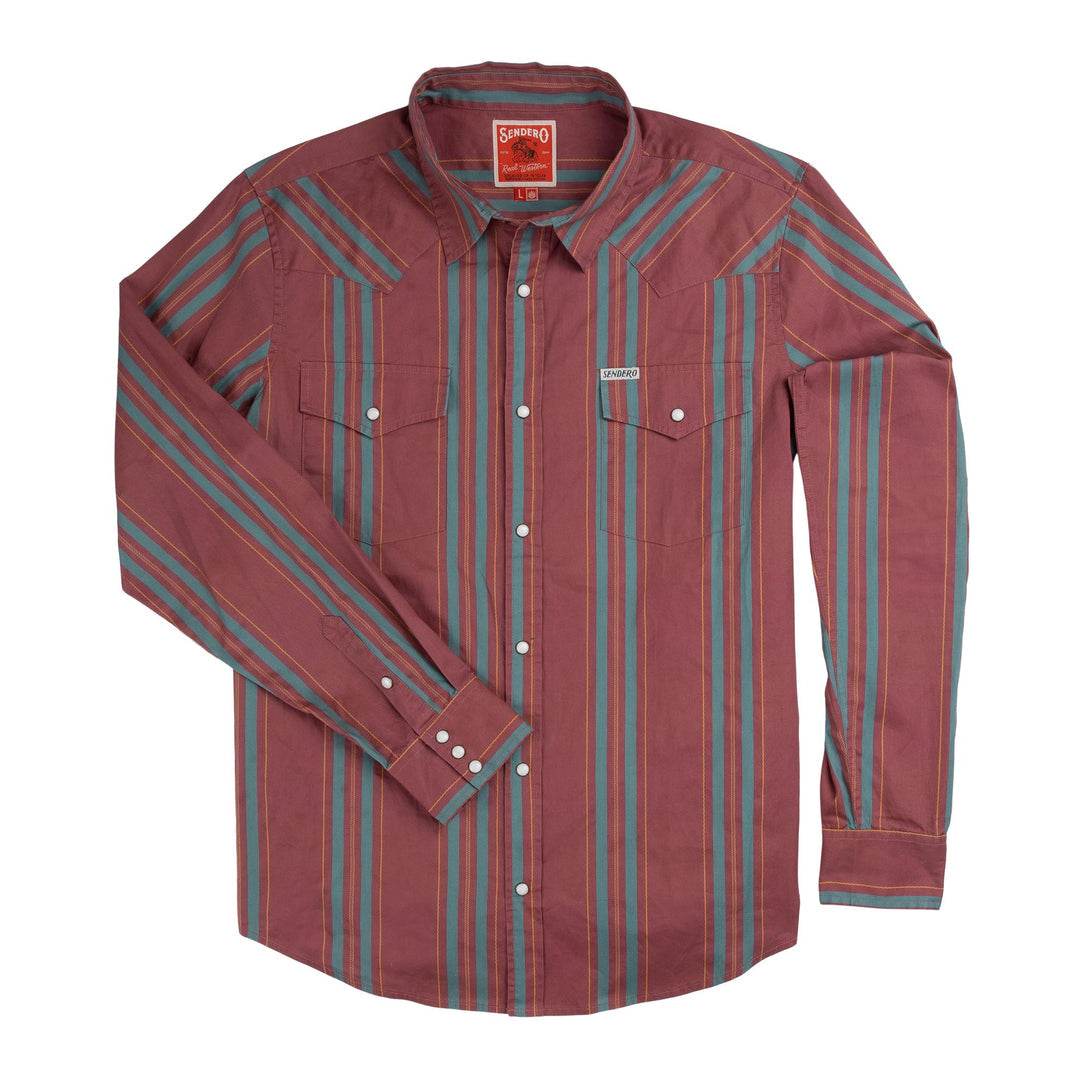The Wyatt Pearl Snap Print Shirt AT BOLTranchstore.com in stock free shipping A long-sleeve western-style button-up shirt  featuring vertical stripes in teal green and light blue over a dusty rose base, with two buttoned chest pockets.