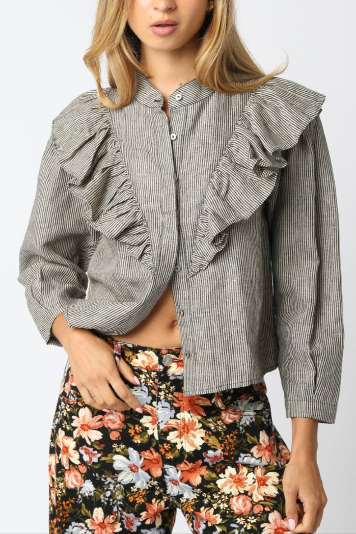 Our Tiana Stripe Ruffle Shirt features a ruffled hem and a button down. womens fall striped shirt at Boltranchstore.com