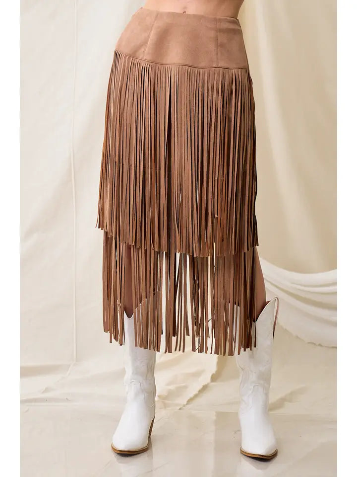 Tiered Faux Suede Fringe Midi Skirt