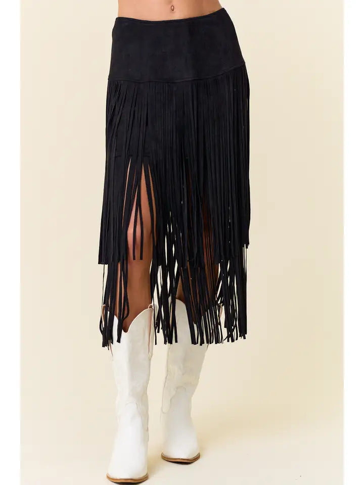 Tiered Faux Suede Fringe Midi Skirt