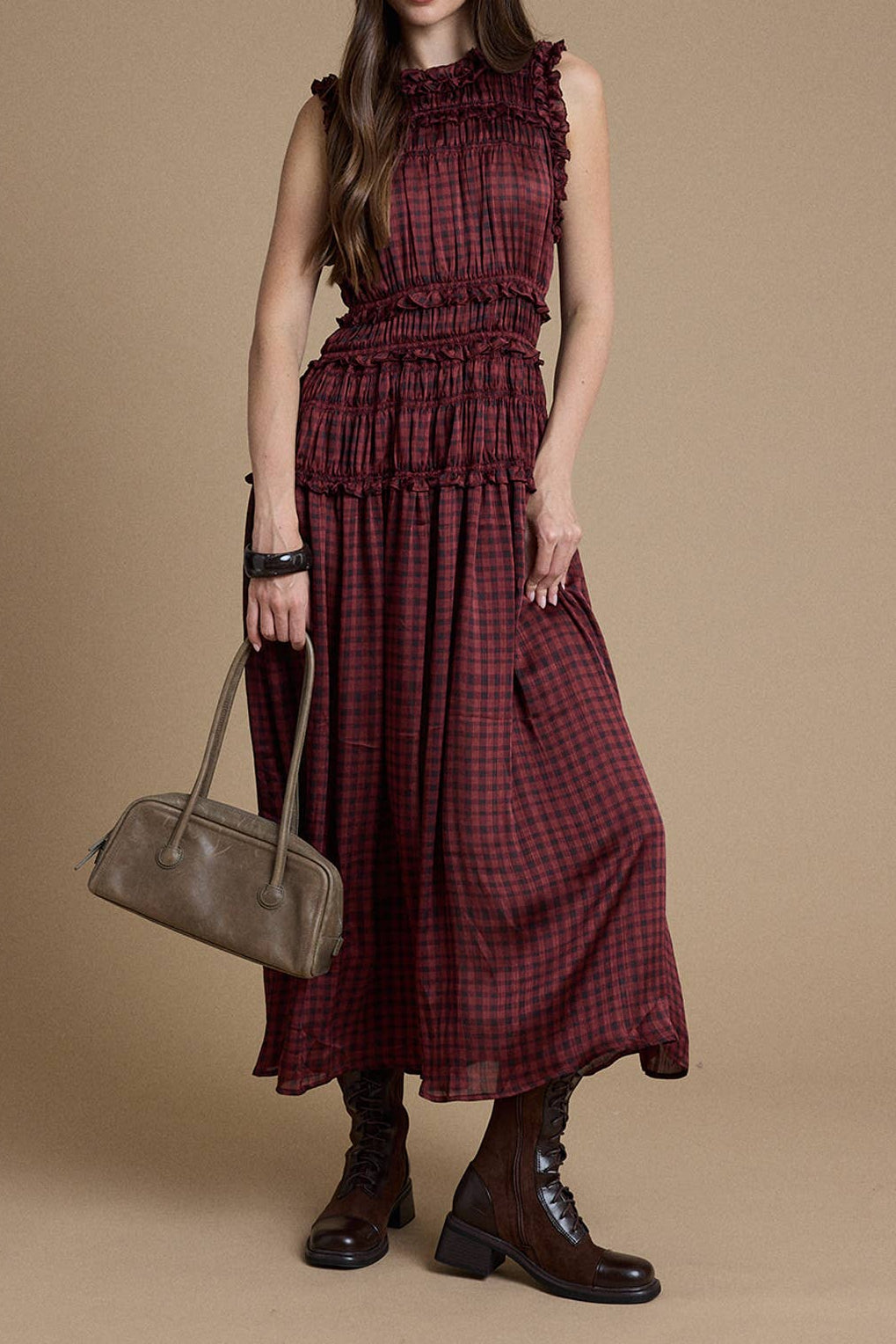 womens maroon check sleeveless dress Tiffany Wine Plaid Ruffle Maxi Dress western dress bolt ranch store