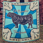 Fringe Scarves Toro Grande Angus Silk Scarf black Angus bull with branding iron motifs on blue sunburst rays womens western boutique Utah SKU SCRFTRGDSH26060