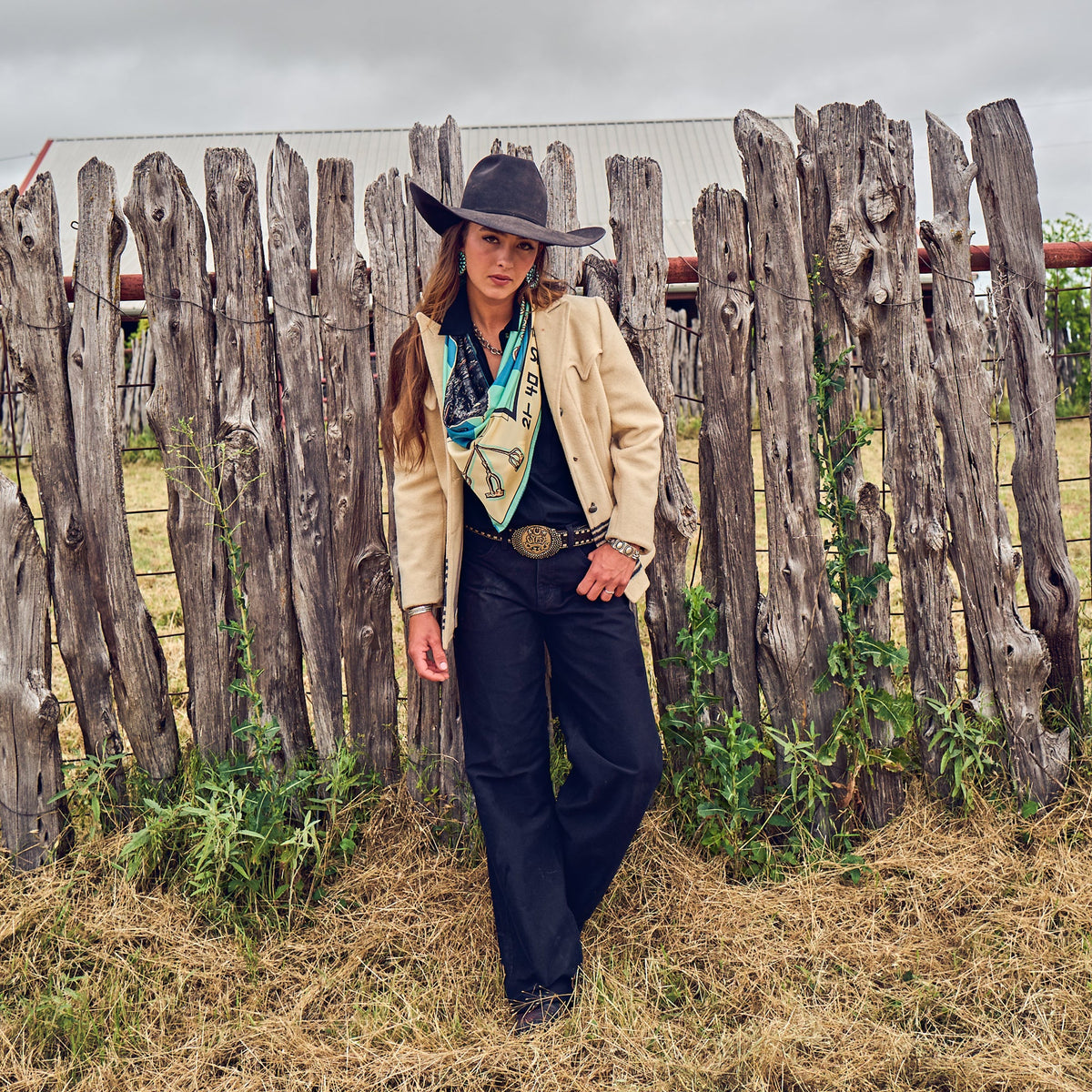 Fringe Scarves Toro Grande Angus Silk Scarf tucked into an open collar womens western boutique Utah
