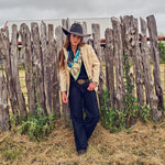 Fringe Scarves Toro Grande Angus Silk Scarf tucked into an open collar womens western boutique Utah