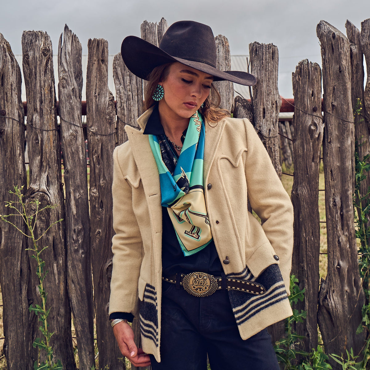 Fringe Scarves Toro Grande Angus Silk Scarf tied off center with long ends ranch wear Kamas