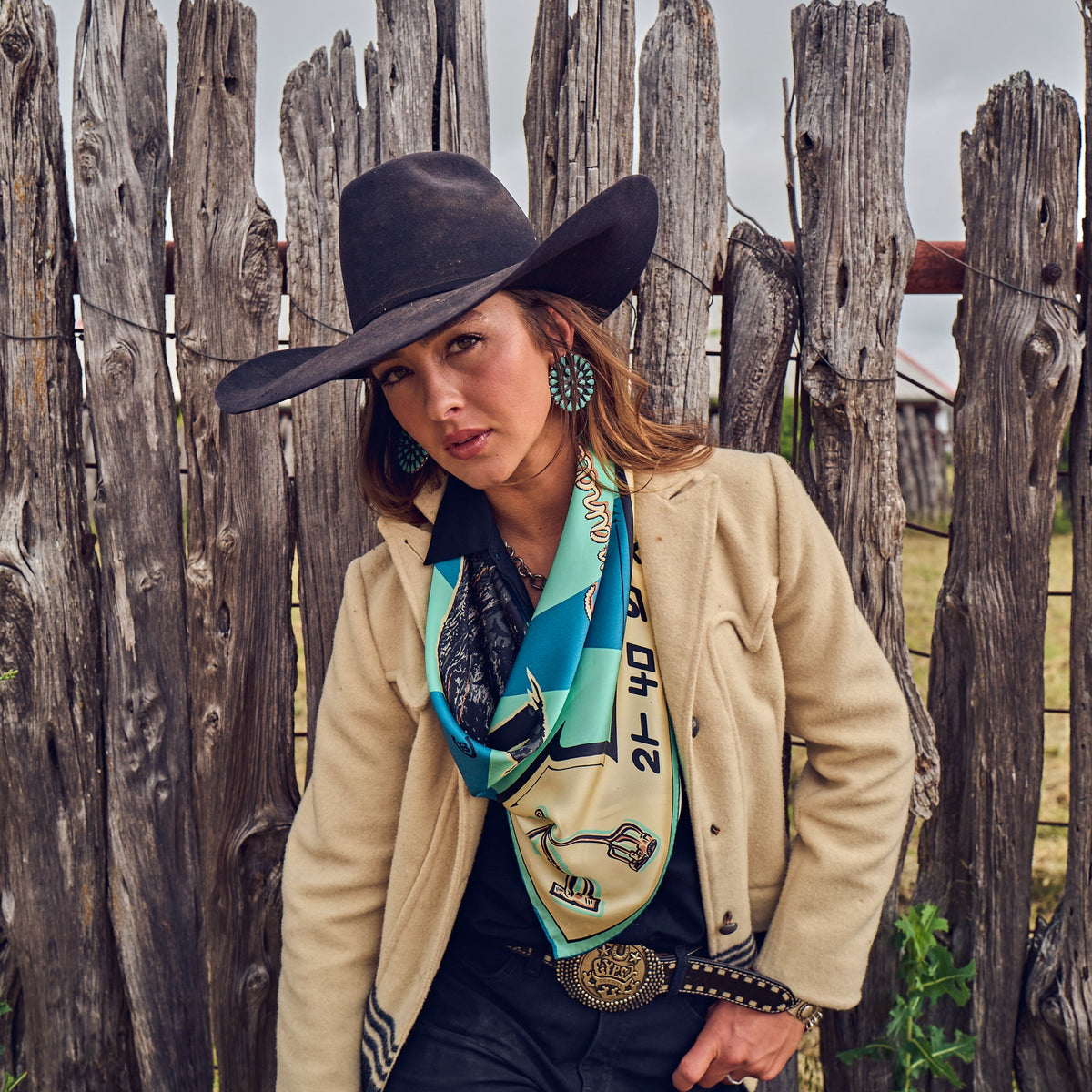 Fringe Scarves Toro Grande Angus Silk Scarf draped long with tails tucked into a vest cowgirl style