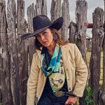 Fringe Scarves Toro Grande Angus Silk Scarf draped long with tails tucked into a vest cowgirl style