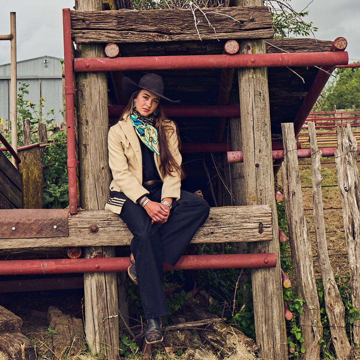 Fringe Scarves Toro Grande Angus Silk Scarf layered over a western snap shirt ranch wear Kamas