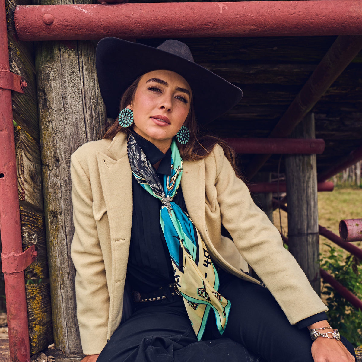 Fringe Scarves Toro Grande Angus Silk Scarf tied with a scarf slide for a polished finish cowgirl