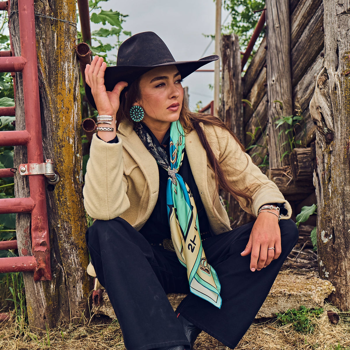 Fringe Scarves Toro Grande Angus Silk Scarf paired with a felt cowboy hat for ranch wear western clothing Utah