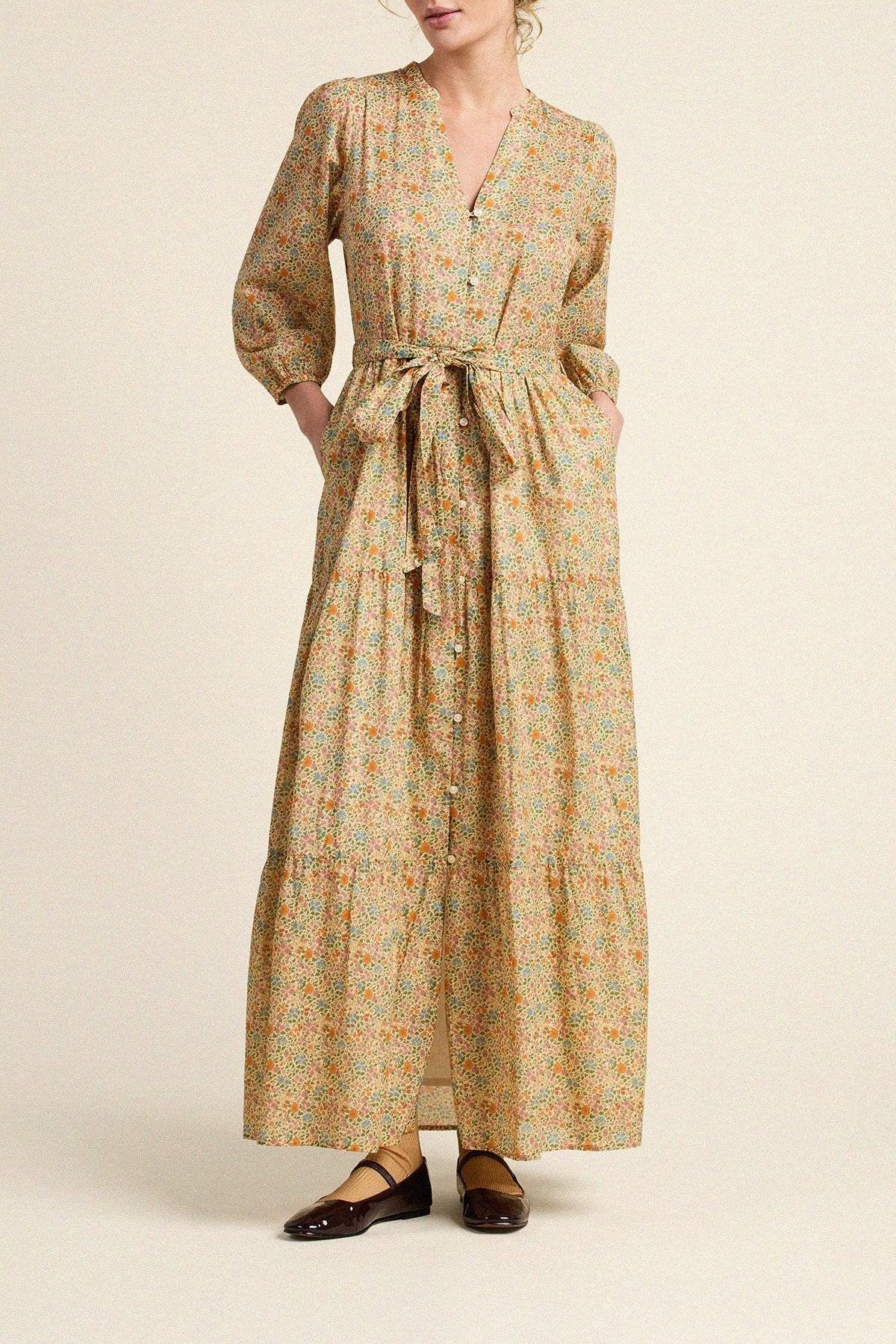Trovata womens Lia Dress in Gardenette for fall 2026 contrasting belt option layered over the printed cotton bodice western fashion cowgirl