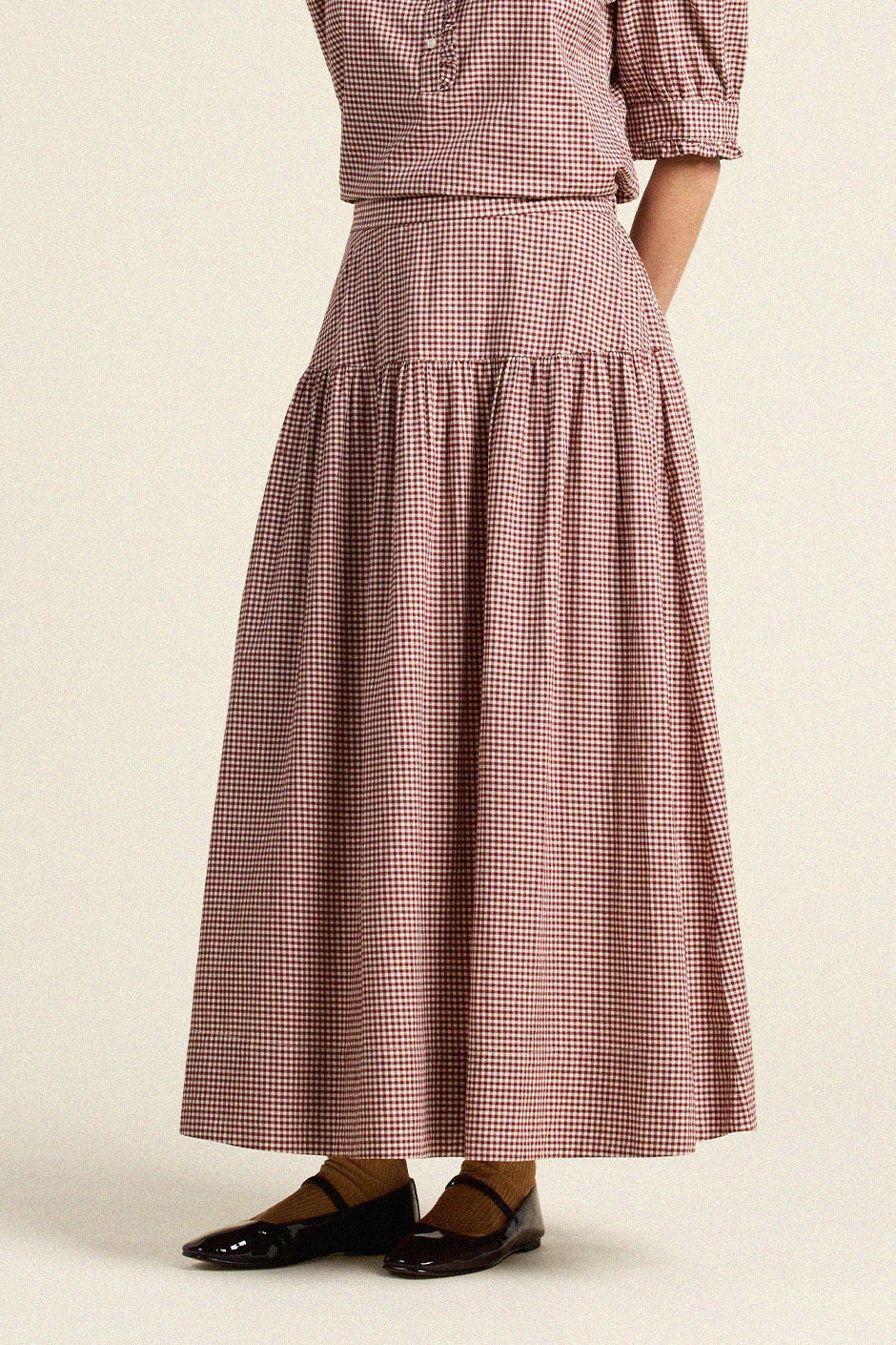 Trovata Lydia Skirt Mahogany Check smooth waistband with side seam elastic and hidden pockets ranch wear Kamas