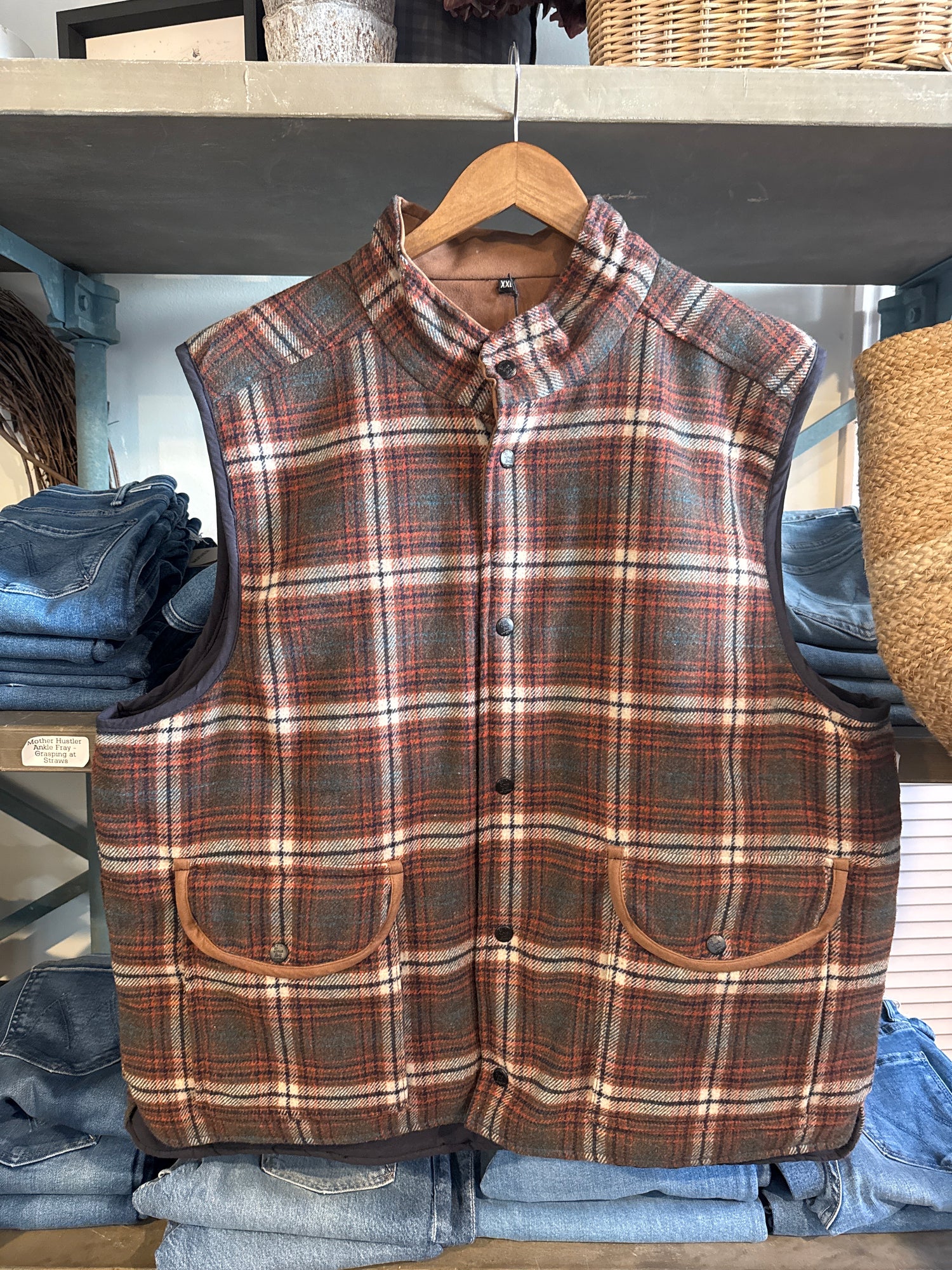True Grit Sundance Vest a plaid brown vest with button up front and button down pockets fully lined at boltranchstore.com