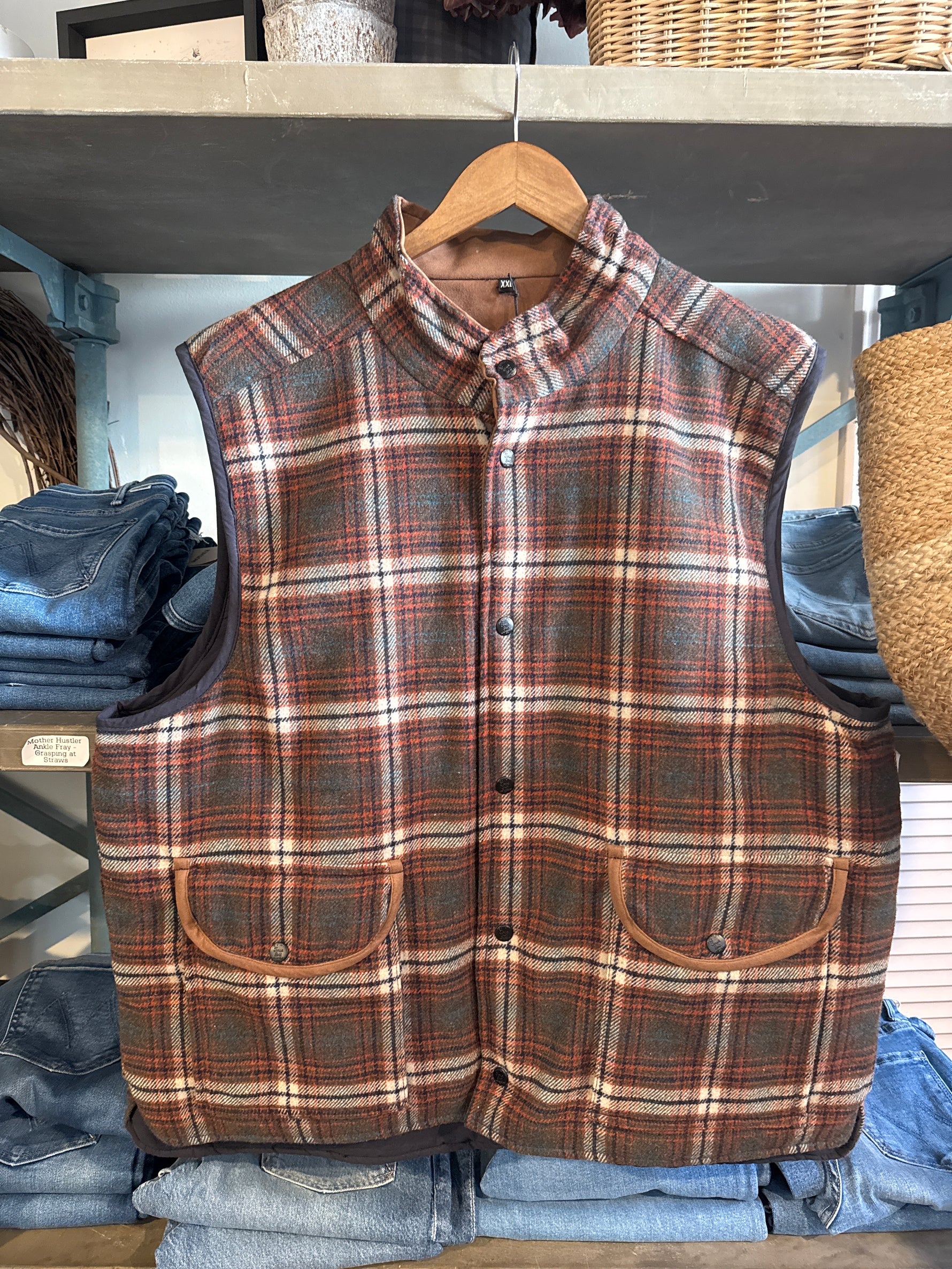 True Grit Sundance Vest a plaid brown vest with button up front and button down pockets fully lined at boltranchstore.com