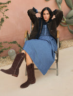 Penelope Chilvers Topanga Suede Boot styled with a dress for free spirited western fashion
