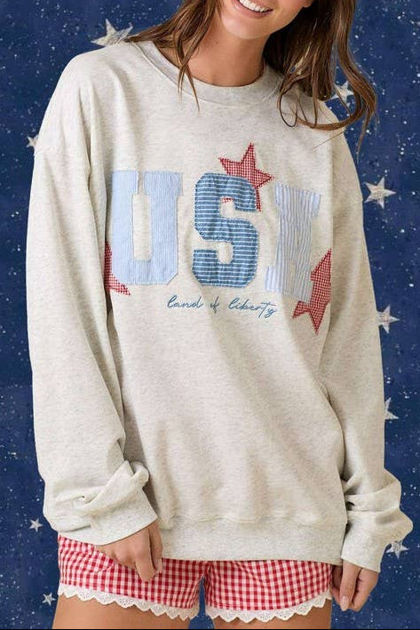 USA Patchwork Oversized Crewneck a 4th of July favorite for USA in a heather gray at boltranchstore.com womens sweatshirt patriotic
