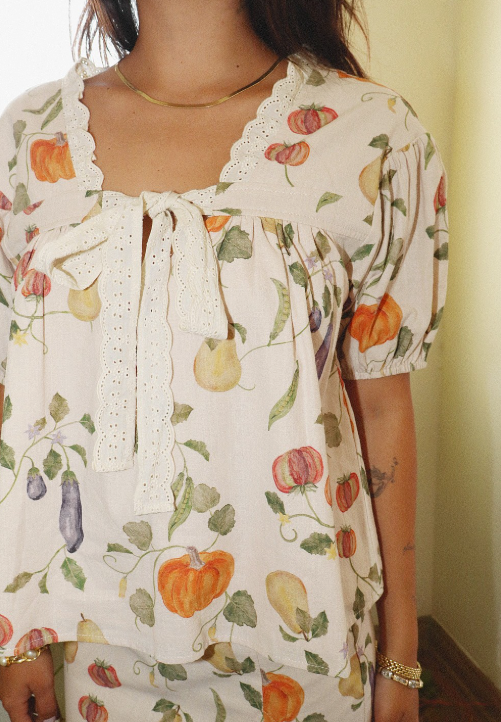Veggie Print Puff Blouse Bolt Ranch Store Bailey Rose womens fall pumpkin harvest top womens western fashion BoltRanchStore.com Ballerina Farms clothing