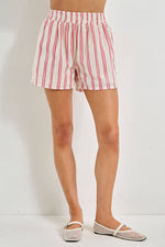 Veronica Striped Elastic Waist Shorts in red, pink and Ivory in soft polyester at boltranchstore.com