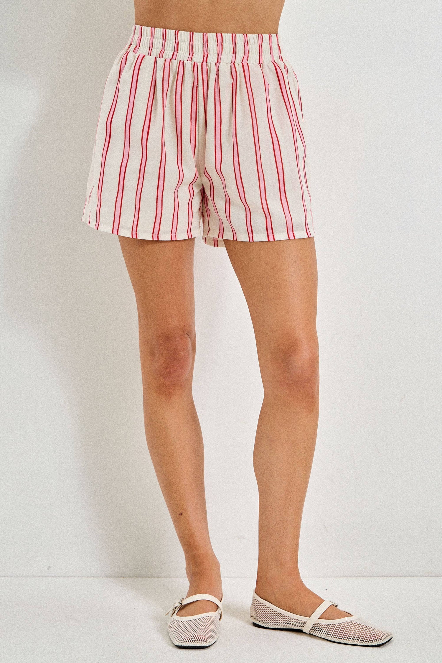 Veronica Striped Elastic Waist Shorts in red, pink and Ivory in soft polyester at boltranchstore.com
