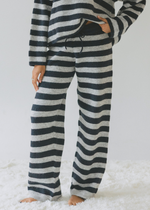 Veronica Striped Knit Pants in a heather navy and black horizontal stripes with a black waistband and tie