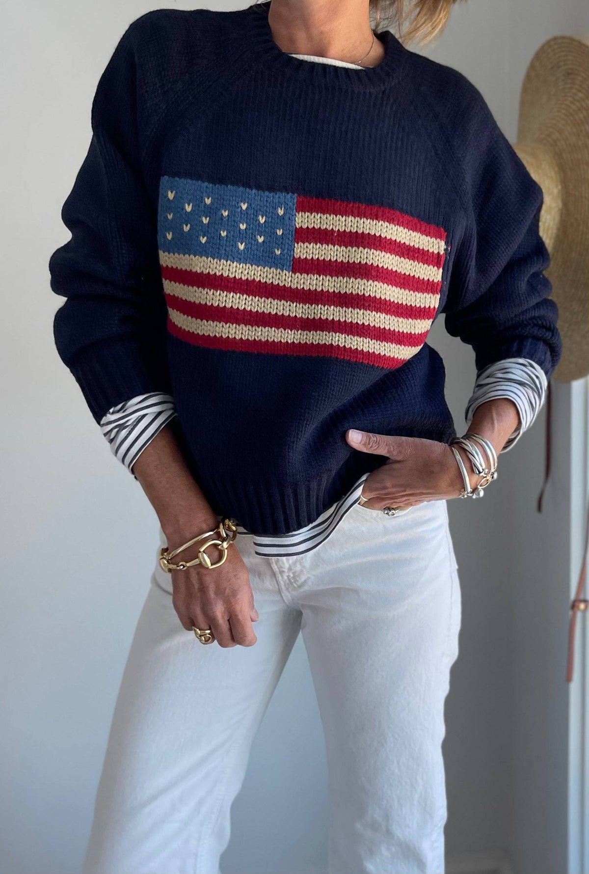 Vintage Acrylic Flag Sweater in Navy womens american flag americana western ralph lauren dupe polo Boltranchstore.com Free shipping