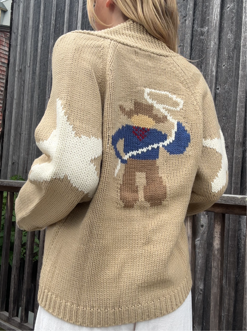 Vintage Cowboy Varsity Cardigan womens cute western fashion chunky sweater popular Boltranchstore.com free shipping tan cream cardigan