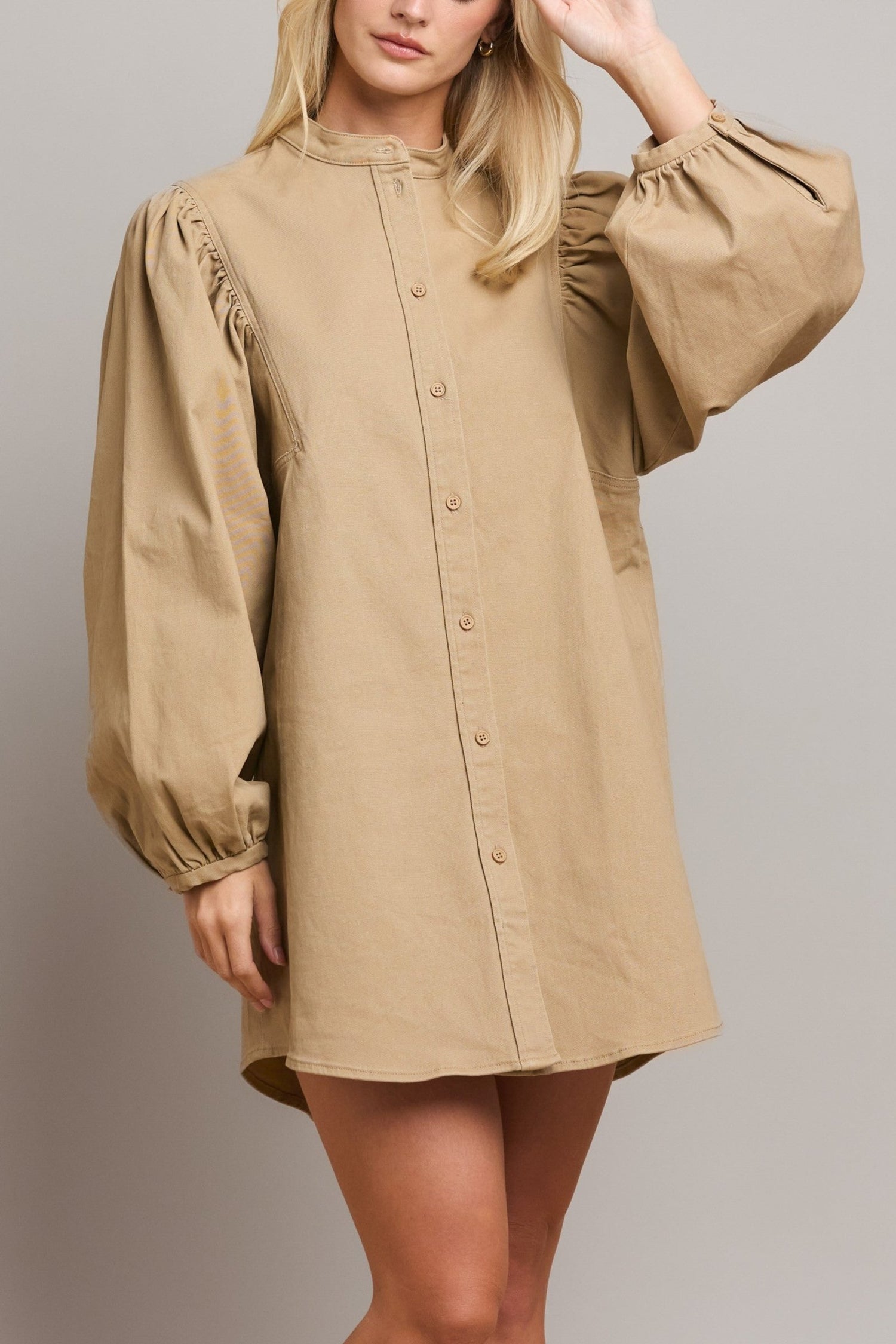 Volume Sleeve Button Down Mini Dress - Taupe